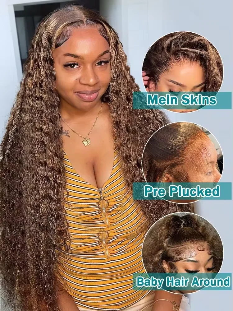 P4/27 Highlight 30 32 inch Brazilian Water Wave 13x4 HD Lace Front Human Hair Wigs For Women Glueless Curly Lace Frontal Wigs image 3