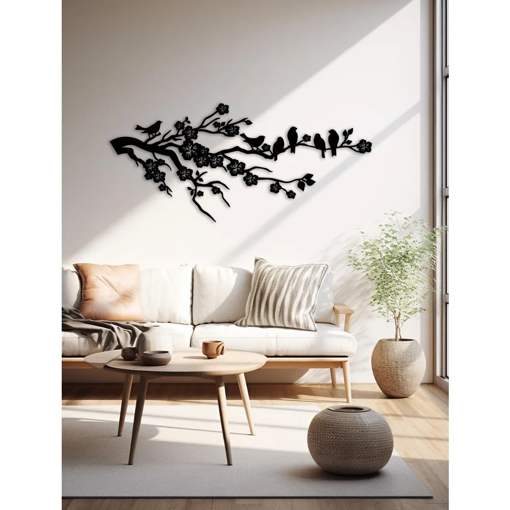 Cherry Blossom Branch With Birds Metal Wall Art, Iron Botanical Mural, Entryway Living Room Patio Decor