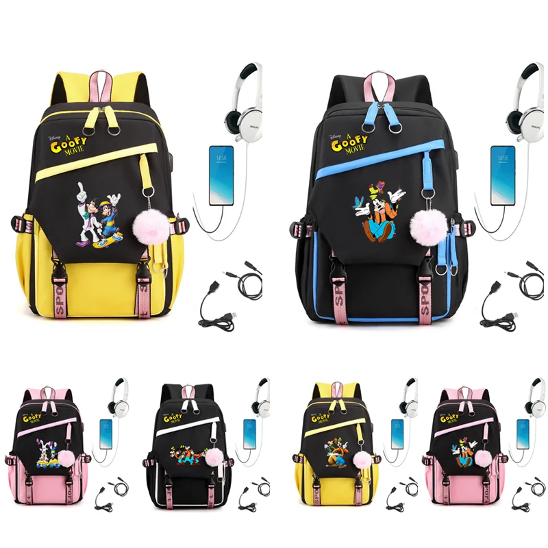 

A Goofy Movie Compartment USB Charging Schoolbag Male and Female Student Laptop Backpack Large Capacity School Bag Mochila