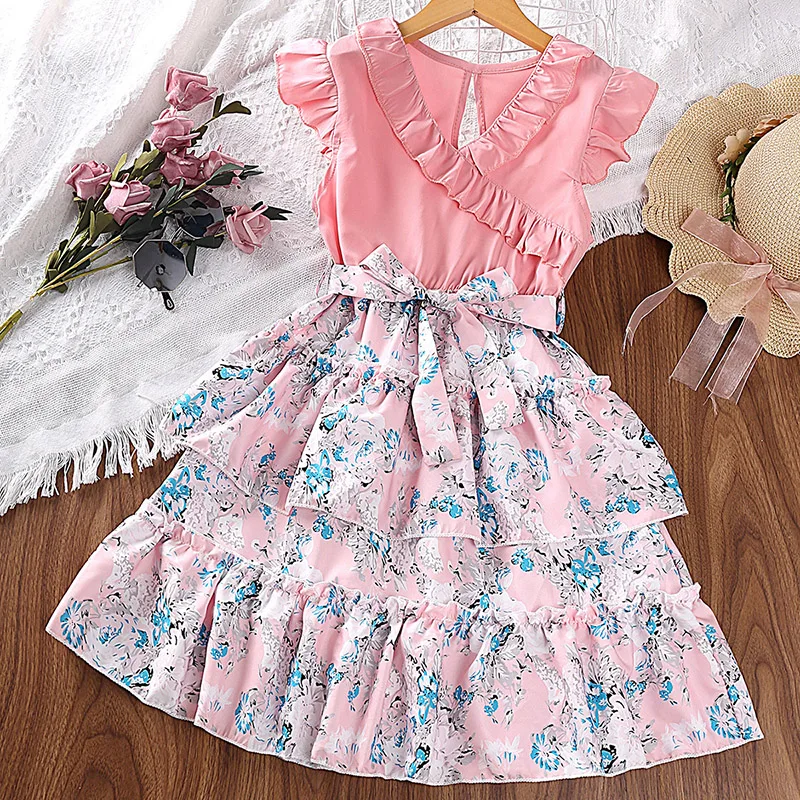 Children's Dress For Girls 7-12 Years Pink Patchwork Floral V-neck Small Flying Sleeve Dress