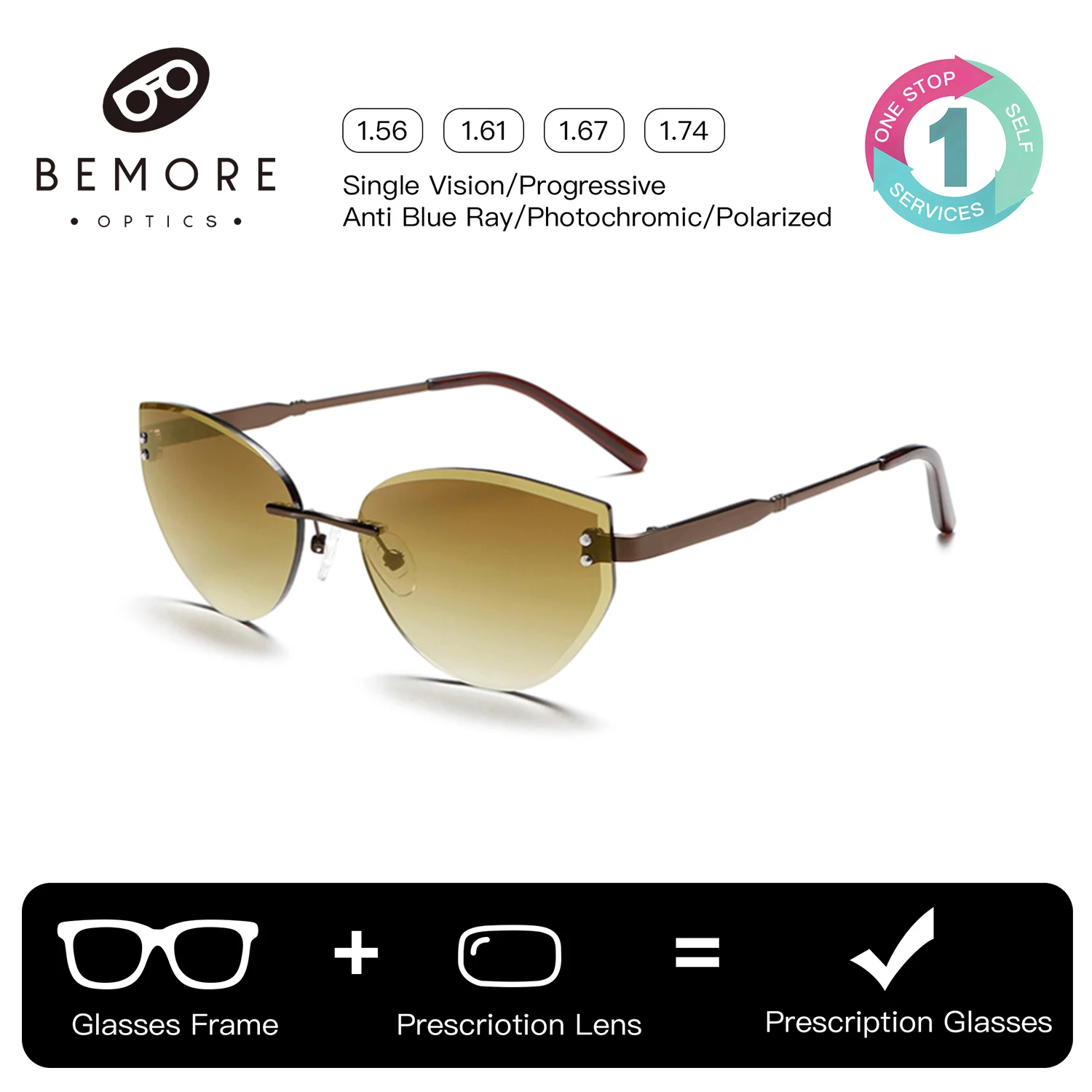 

BEMORE Rimless Alloy Polarized UV400 Woman Glasses with Medical Prescription Sunscreen Graduated Lenses Optical Eyeglasses