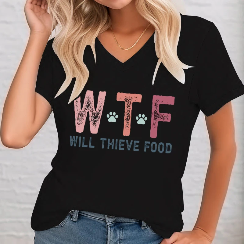 Will Thieve Food Print Dog Paw Graphic T-shirt Short Sleeve V-Neck Street Tops for Women Funny Letter WTF Trend Women Tshirts