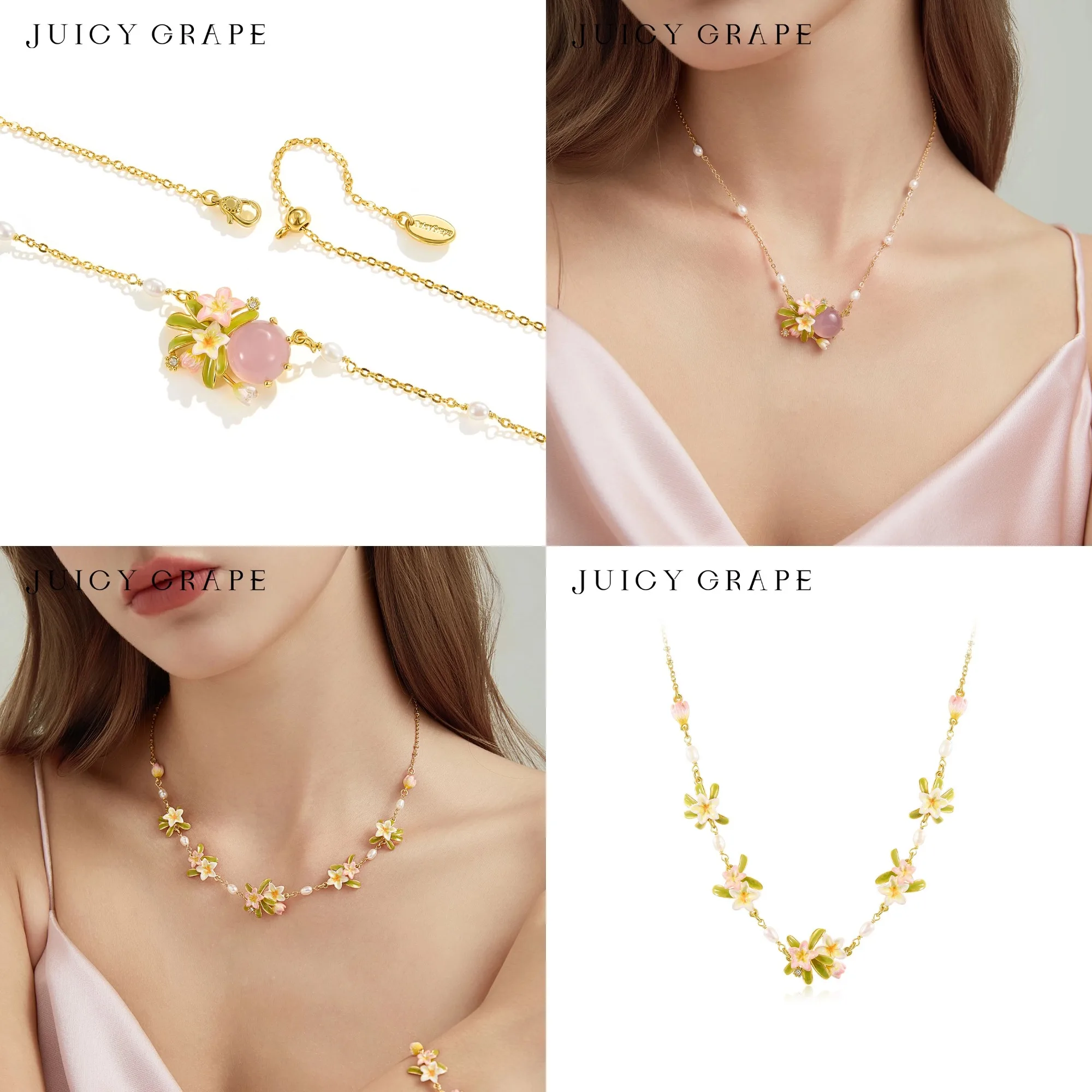 

Juicy Grape Boho Plumeria Flower Necklace for Women 18K Gold Plated Handmade Enamel with Pink Gem Pearl Layering Jewelry Gift