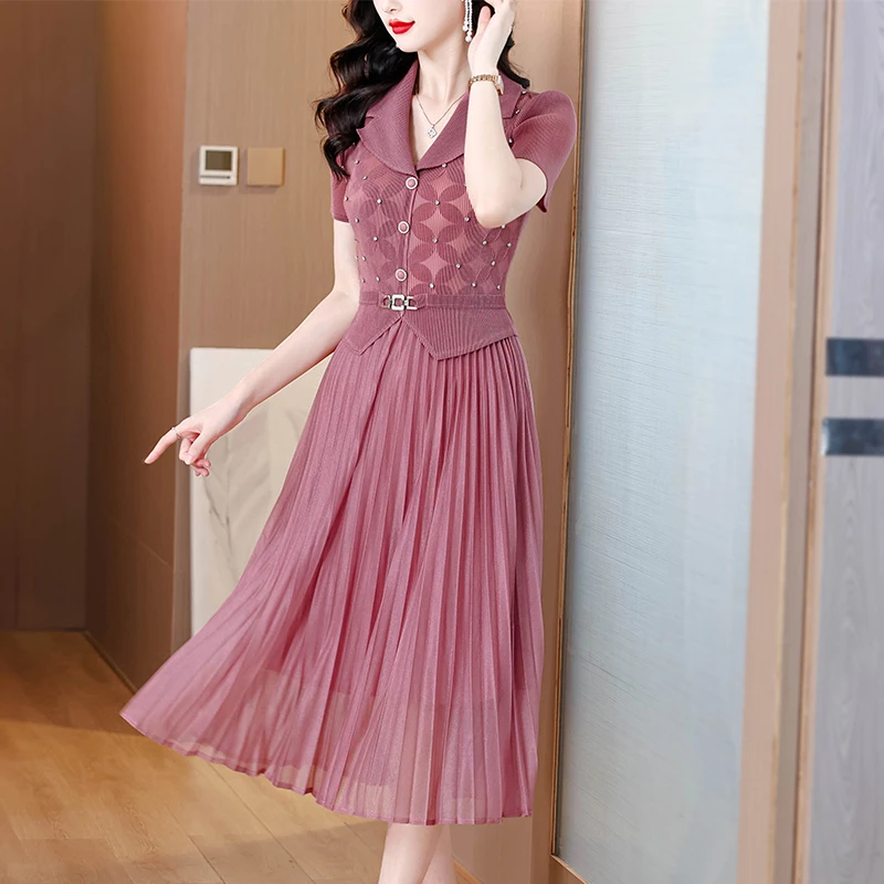 Rimpel lange jurk 2023 zomer nieuwe pak kraag zware bloem losse elegante socialite stijl taille cinched plooirok Frans