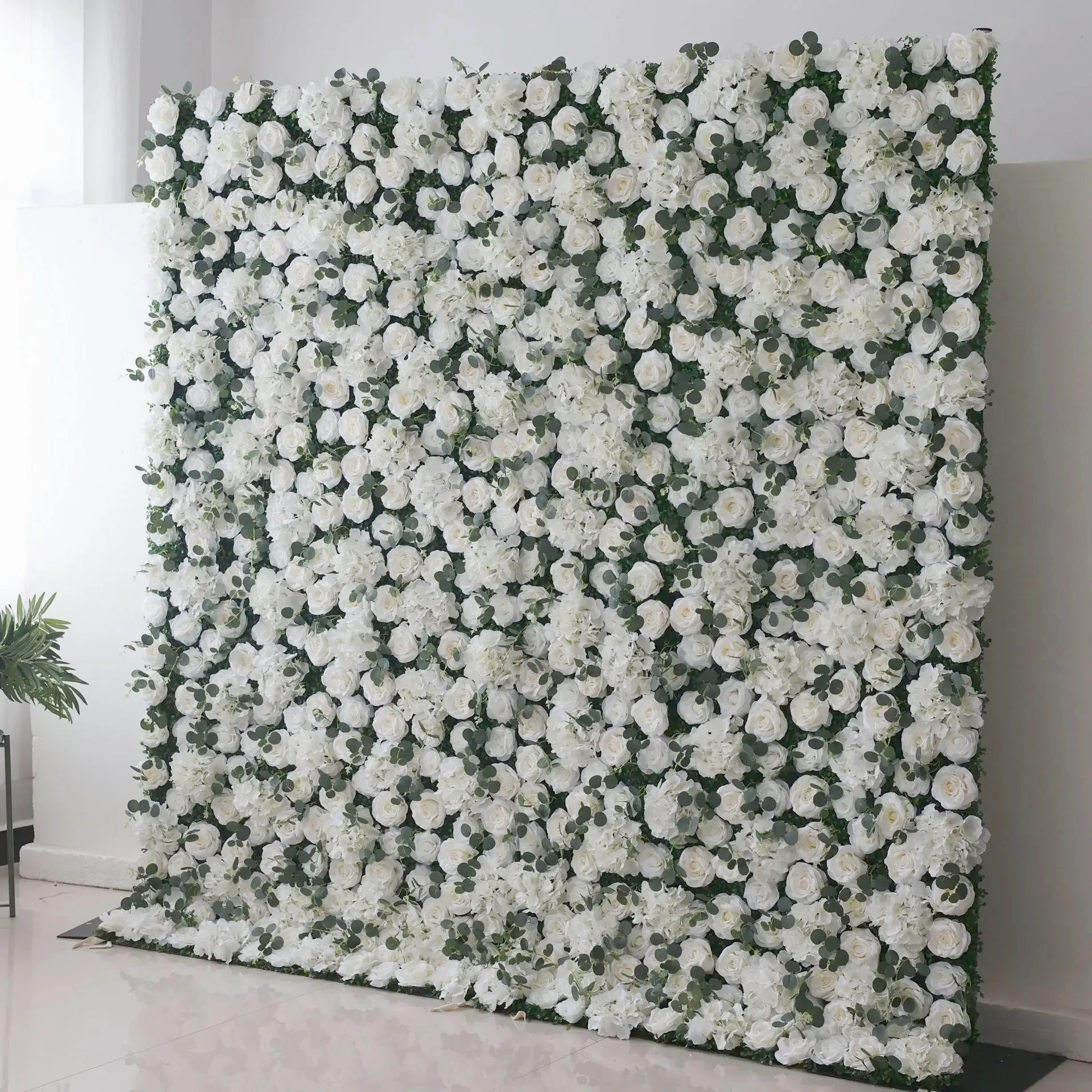 

White roses green Eucalyptus 3D artificial mixed plant flower wall outdoor wedding background decoration Birthday stage setting