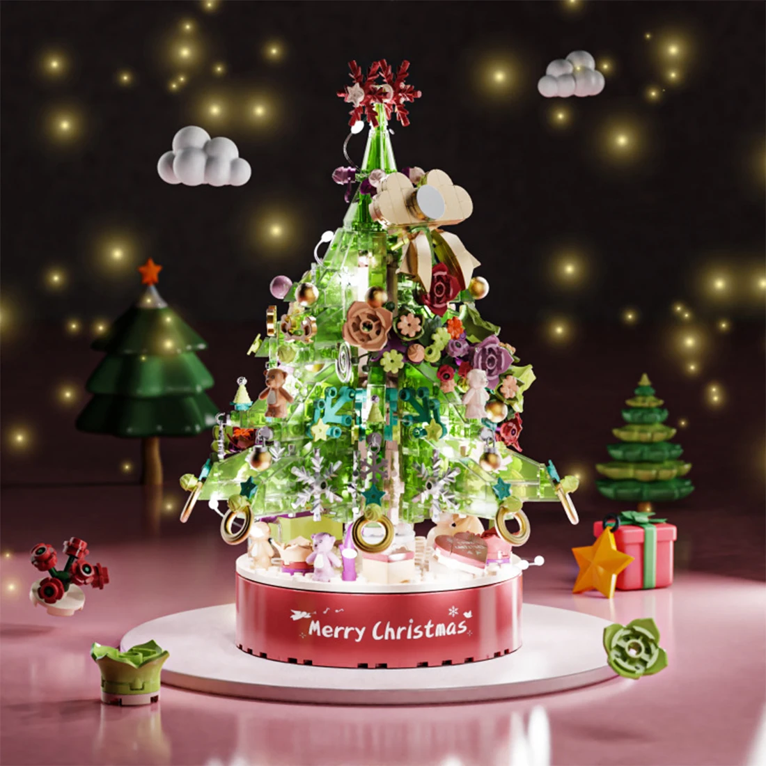 Colorful ChristmasTree Building Blocks  DIY Christmas Tree Model Music Box Micro Bricks Toys Atmosphere Decoration For Kids Gift