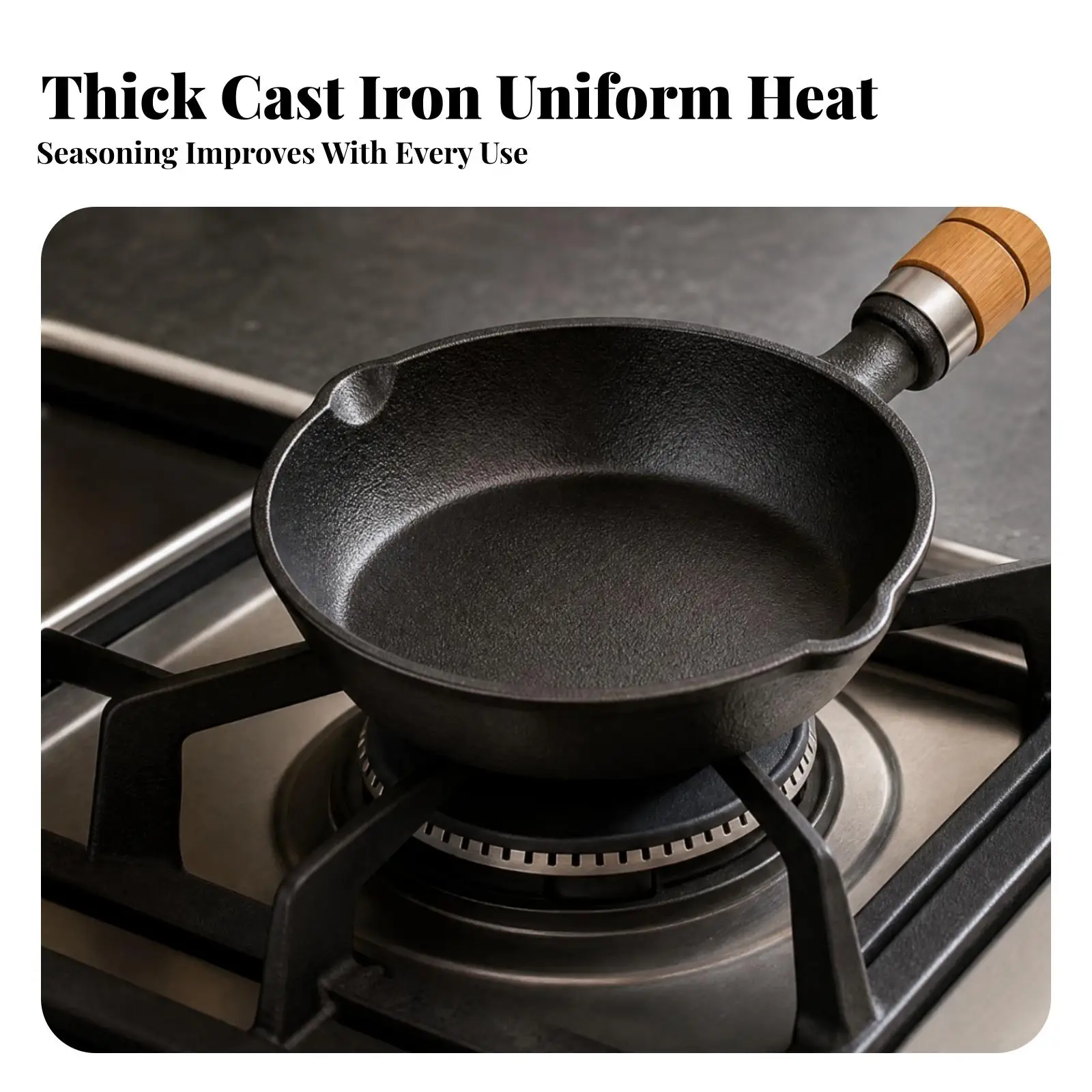 Heavy Duty Cast Iron Frying Pan with Wooden Handle for Gas Stove Cooking Skillet for Eggs and Sauting Pan for Kitchen Use