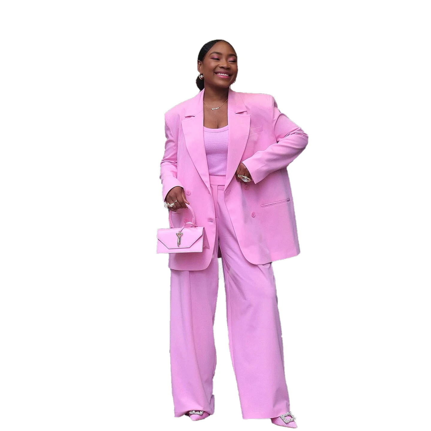 Tailered 핑크 두 조각 여성 정장 블레이저 바지 노치 옷깃 더블 브레스트 플러스 사이즈 클래식 비즈니스 오피스 여성 맞춤형