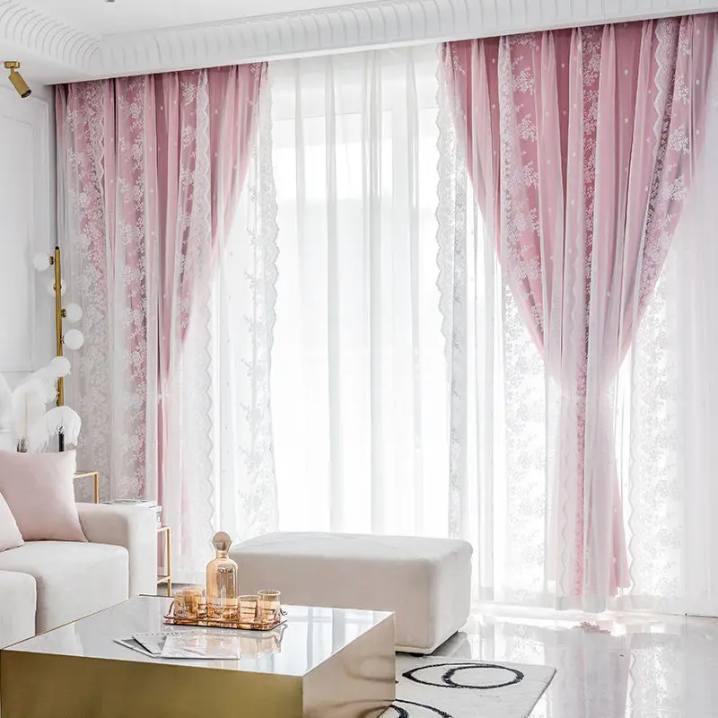 French Cream Lace Curtains Bedroom Blackout Balcony Shade Curtain Luxury Curtains for Living Room Girl Ins Wind Room Decoration