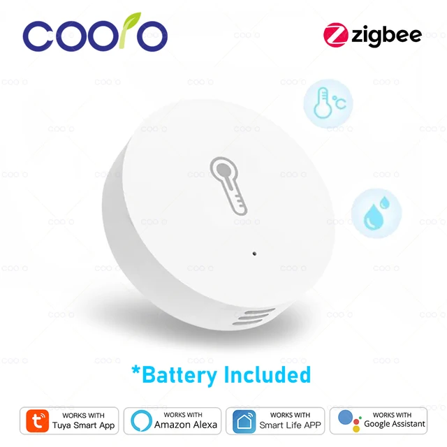 Czujnik temperatury i wilgotności Tuya Zigbee, zdalny monitoring przez aplikację Smart Life, zasilany bateryjnie, kompatybilny z Alexa i Google Home.