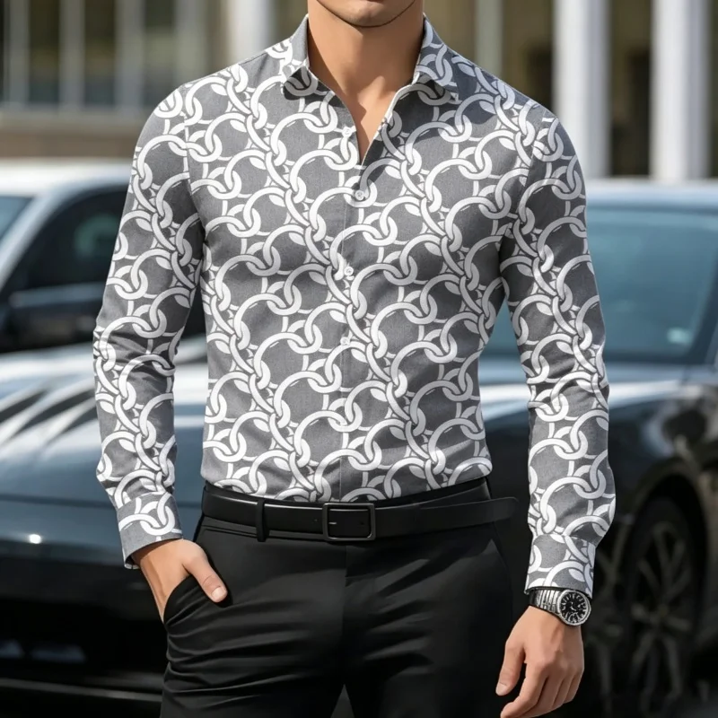 Men's Chain Print Long Sleeve Stand Collar Shirt Slim Fit Casual Button Up Blouse Luxury Streetwear Business Party Tops view 2