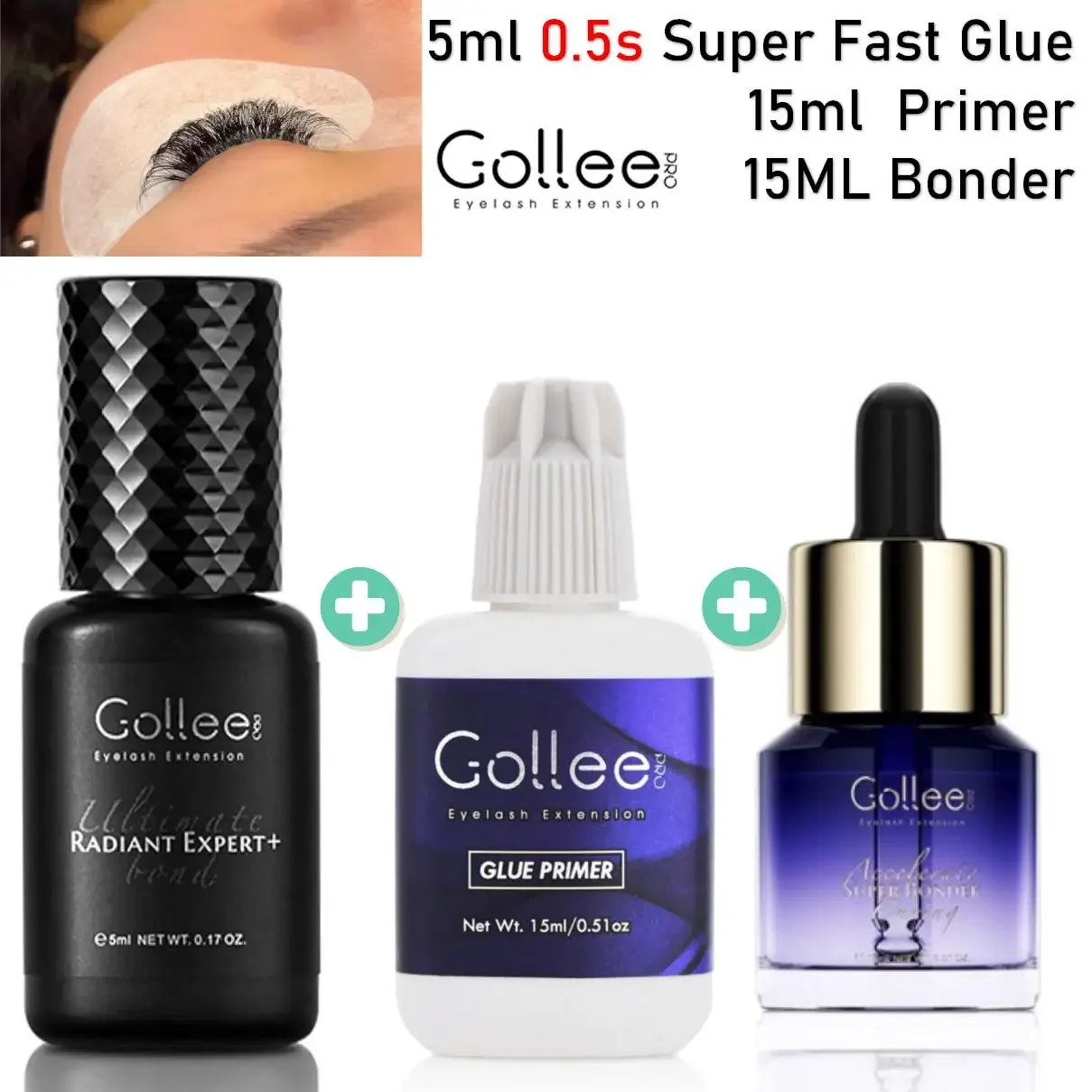 Gollee Eyelash Glue Fast Drying Eyelashes Extension Glue Black Adhesive Retention 4-6 Months Long Super Bonder Primer