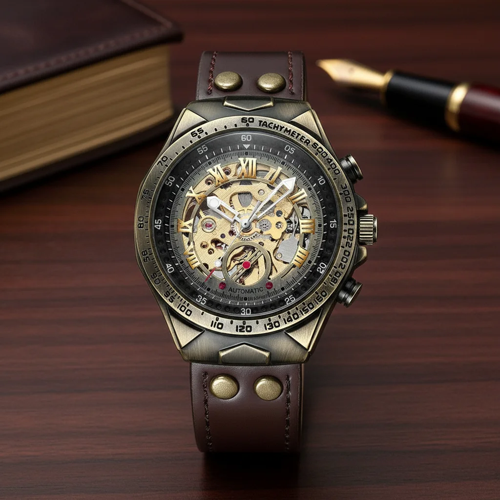 Men's Retro Automatic Mechanical Watch Bronze Fashion Casual Metal Case Watch Gift for Friend
