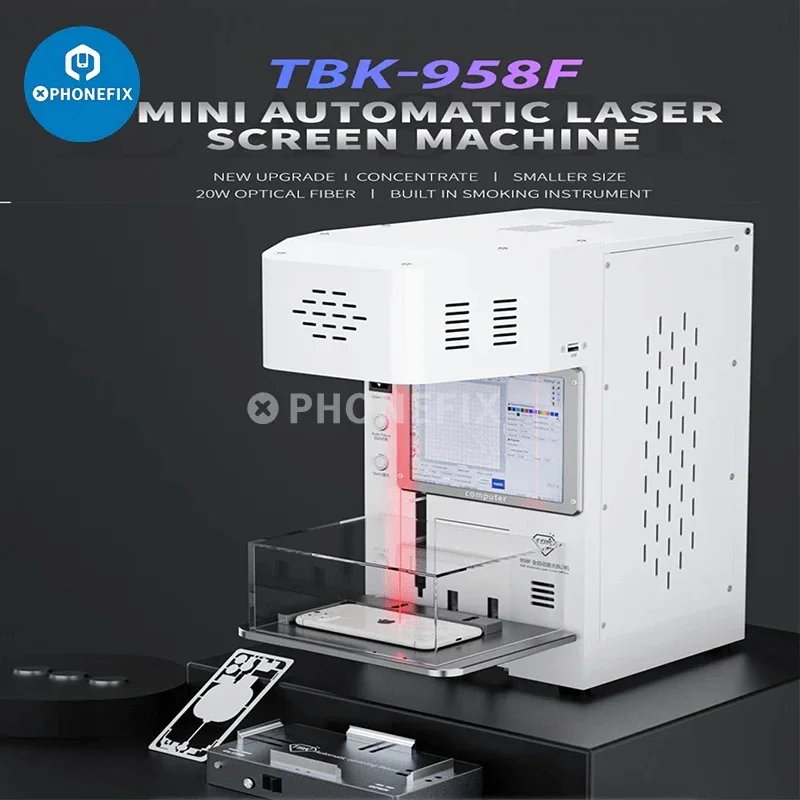 

TBK 958F Fiber Laser Marking Machine with Built-in Fume Extractor Mold Phone Back Cover Separating LCD Screen Glass Engraving