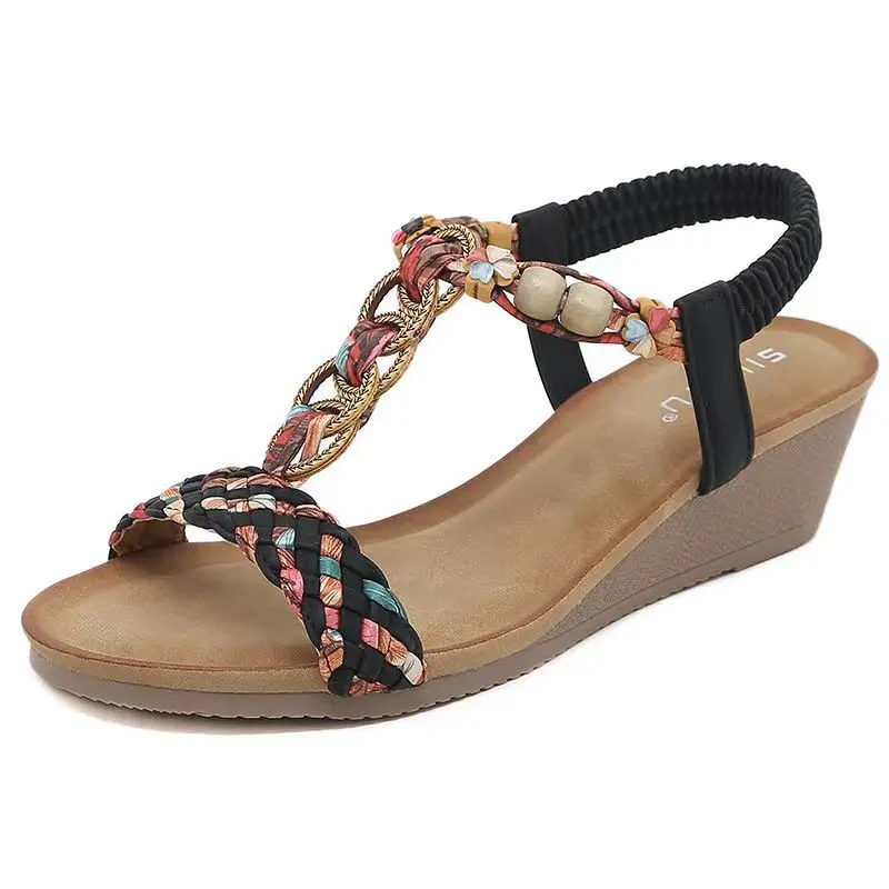 2024 New Women's Summer Bohemian Style Wedges Big Size Sandal Soft Sole Non Slip Slip-On Outdoor Modern Sandals Beach Sandals