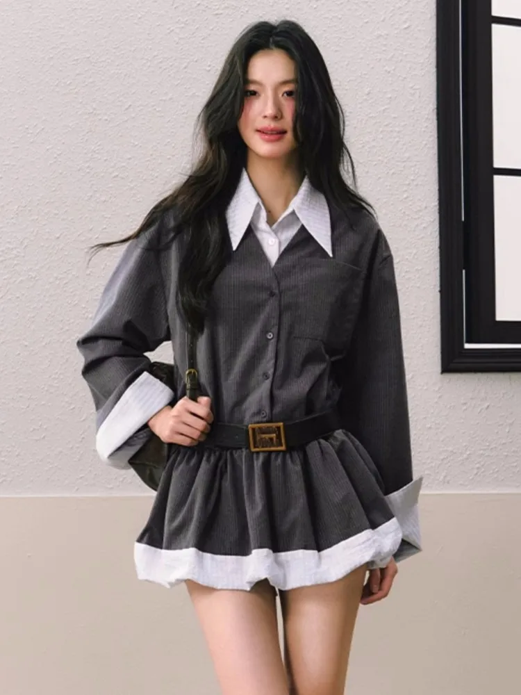 

Элегантные короткие платья в стиле пэчворк для женщин, женское повседневное ТРАПЕЦИЕВИДНОЕ платье-рубашка с длинным рукавом, облегающая Осенняя женская одежда