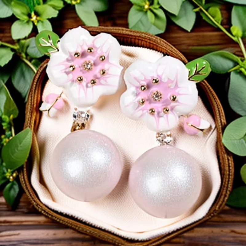 Retro Gentle Sense Pink White Flower Fake Pearl Handmade Dripping Glaze Stud Earrings for Women Earrings Light Luxury High-end
