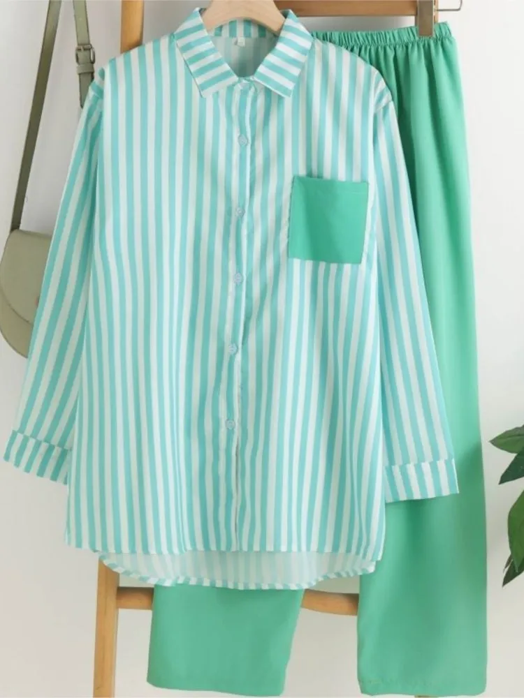 Frühling Herbst Mode Druck Gestreiftes Hemd Langarm Anzug frauen Casual Lose Einfache Urlaub Weibliche Büro Hosen 2-stück Sets