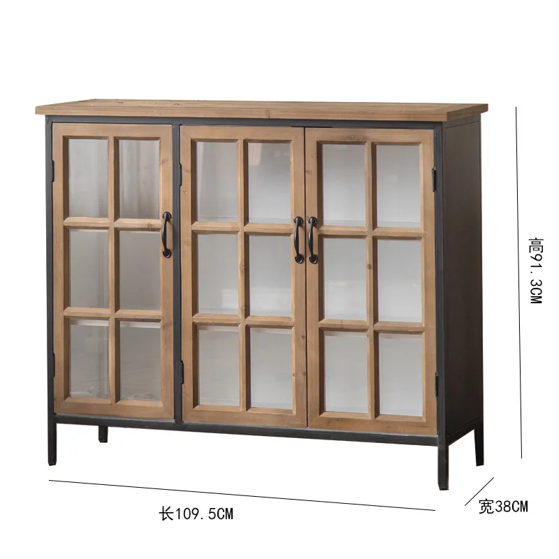 American rural entrance storage locker, living room retro decorative cabinet, wrought iron old glass dining side cabinet