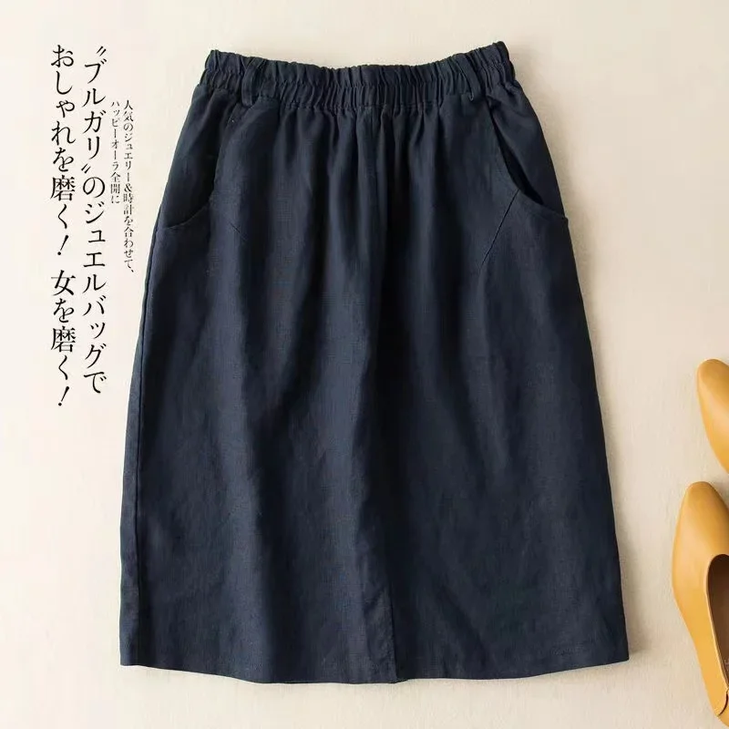 Cotton Linen Half Skirt Female Large Size Summer New Fashion Literary Open Pocket High Waist A Word Package Hip Skirt E5156