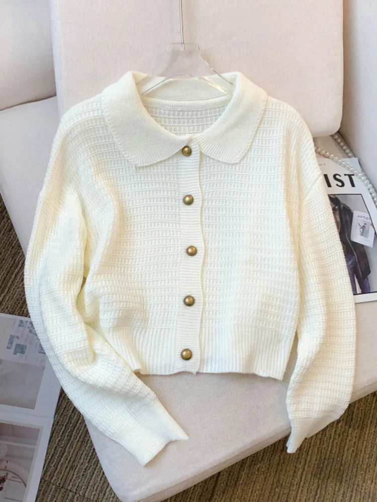 French Elegance Solid Long Sleeve Knitted Tops Women Fashion Peter Pan Collar Slim Sweater Autumn 2024 Button Design Cardigan