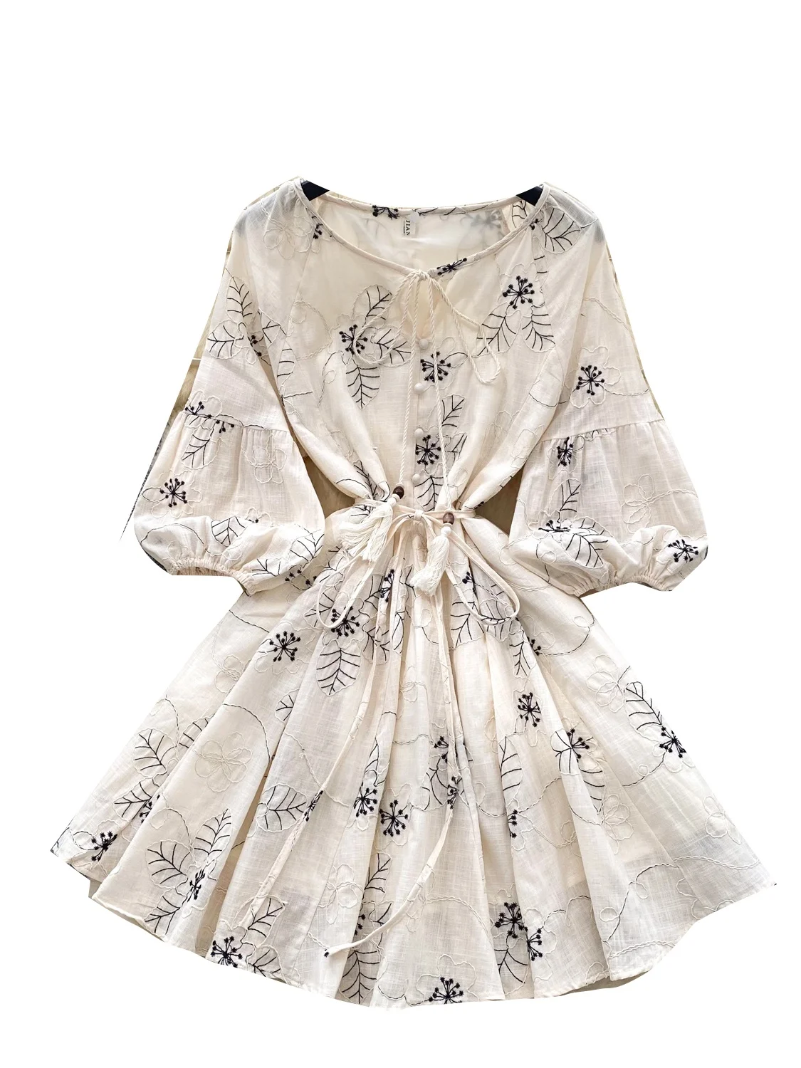 Vestido de Verão Estilo Boêmio com Estampa Floral para Mulheres, Saia Vintage com Cintura Ajustável e Mangas Curtas