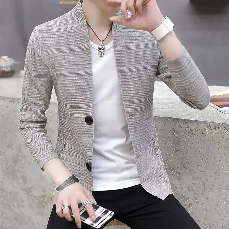 Knitted Sweaters for Men Business Cardigan Plain Man Clothes Solid Color Black Winter 2023 Over Fit Knit Cheap S Free Shipping V