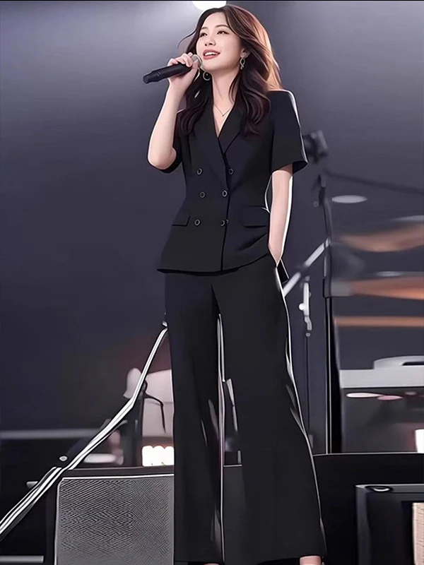 ชุดสูทแฟชั่นสำหรับผู้หญิง ชุดทำงานฤดูร้อนใหม่ เสื้อครอปแขนสั้น กางเกงขายาวทรงตรง ชุดเซ็ตสองชิ้น