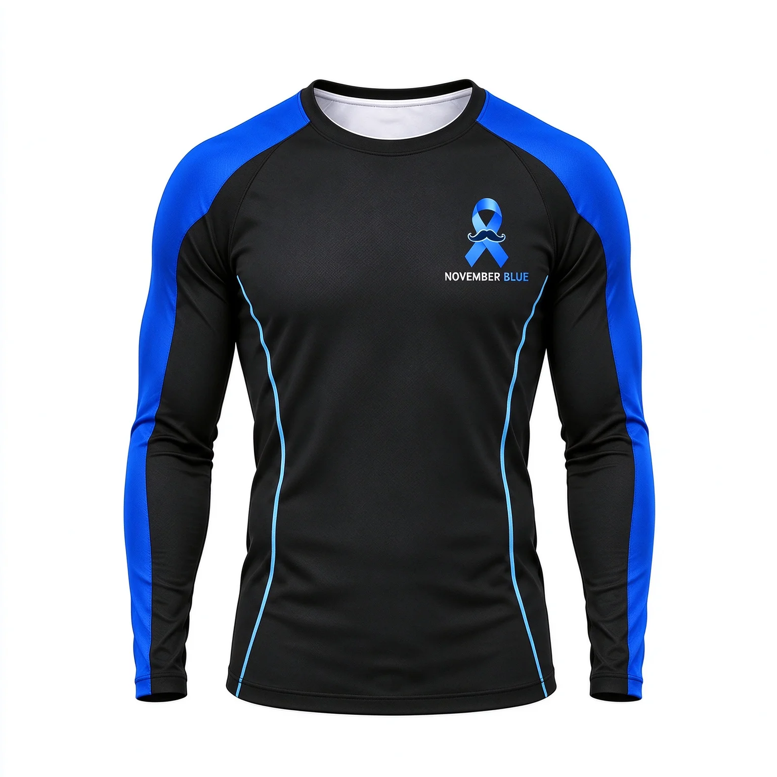 Men's Blue Ribbon Mustache Print Athletic Shirt, November Blue Health Awareness Long Sleeve Sportswear Top, Black and Blue