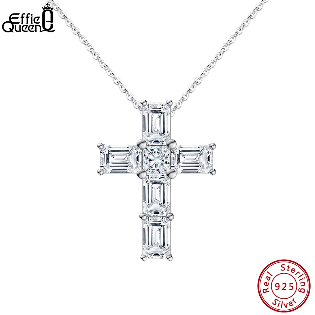 EFFIE QUEEN 925 Sterling Silver Cross Pendant Necklace Cable Chain 8A Premium White Cubic Zirconia Wear Religious Present LZN09