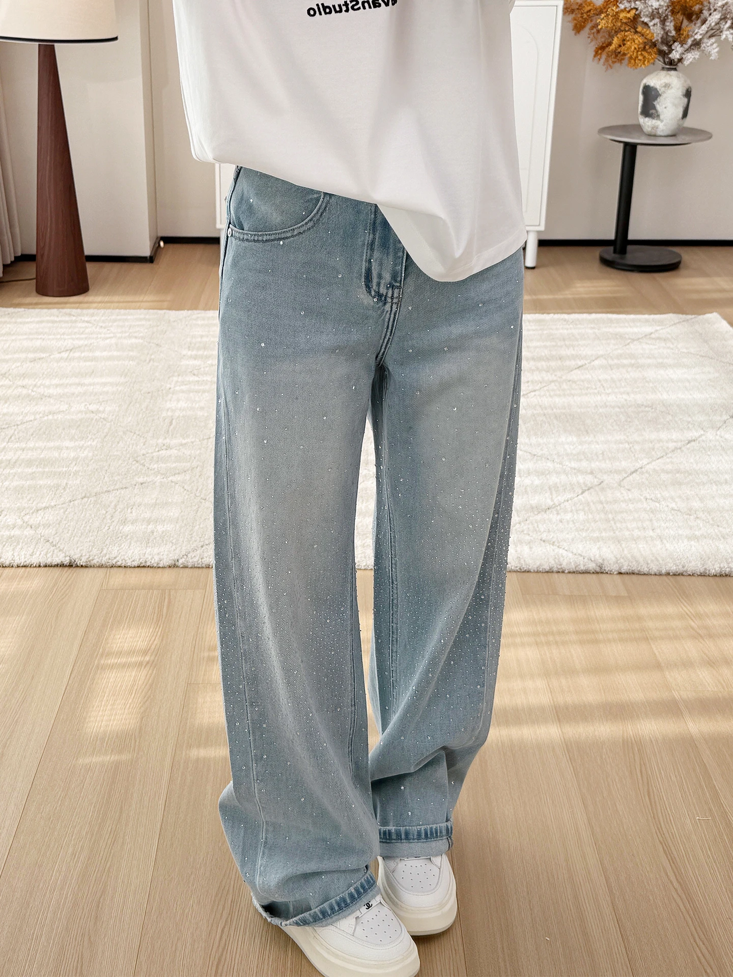 

Heavy Du Rhinestone Light Blue Star Iron on Rhinestone Straight Leg Jeans Women High Waist Slimming Wide Leg Casual Lon...