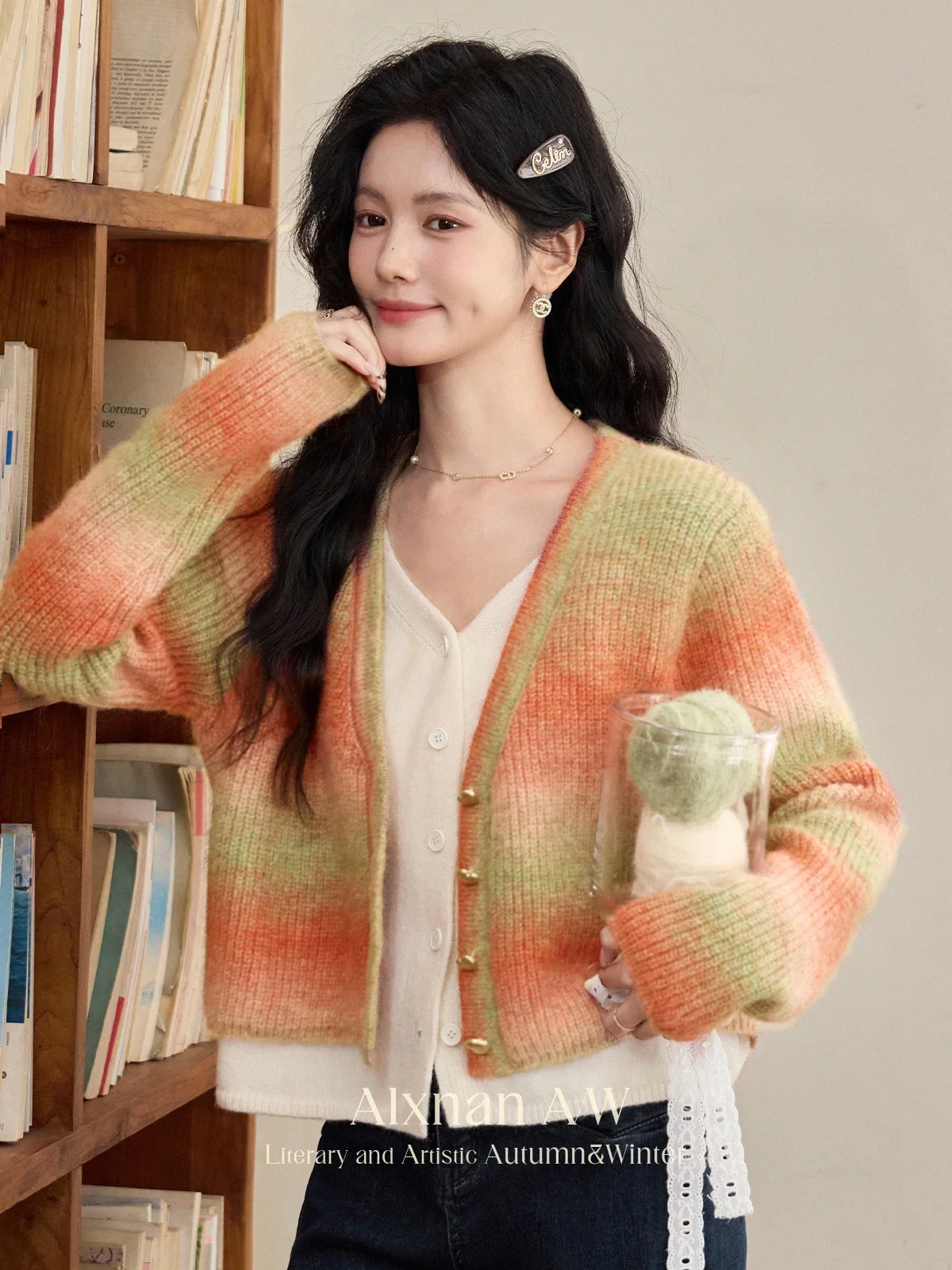 ALXNAN Knitted Orange Cardigans for Women Trendy 2 in 1 V-neck Metal Heart Buttons Long Sleeves Fall Winter Warm Sweaters L52225