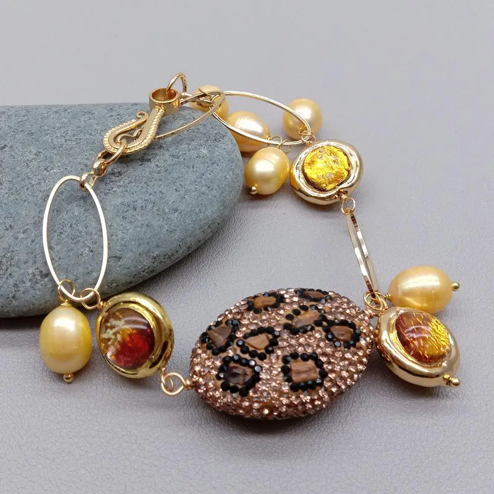 

YYGEM Freshwater Golden Rice Pearl 25x35mm Tiger Eye Chips Pave Bead 15mm Murono Glass Bracelet