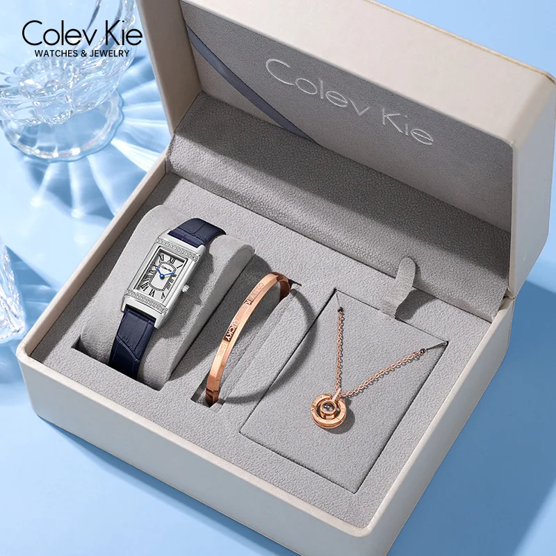 

ColevKie Woman Watch Luxury Leather Strap Rectangle Quartz Watches For Ladies Dress Business Casual Wristwatch Bracelet Gift Set