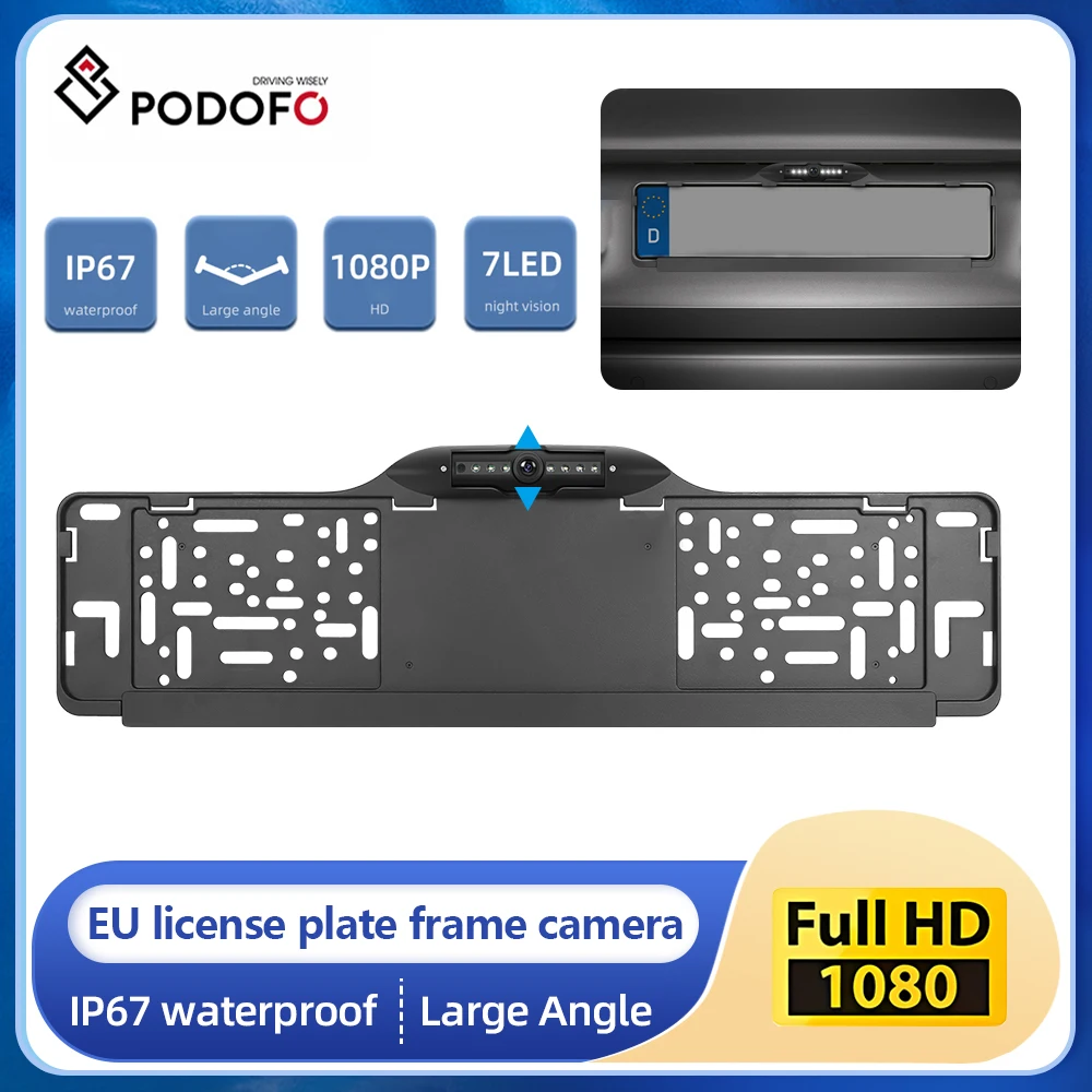 Podofo European License Plate Frame Reverse Camera Night Vision with LED White Light 720P/1080P/CVBS Adjustable