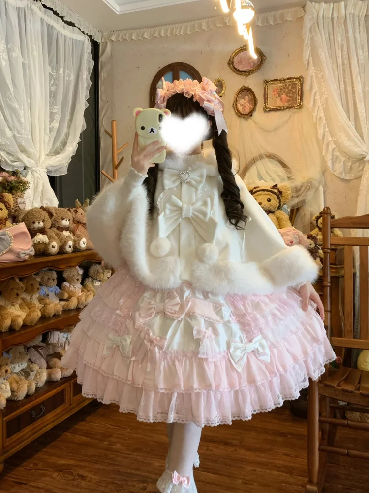 Autumn/winter Plush Snowball Cloak Lolita Japanese Bow Cute Versatile Short Thick Shawl Coat For Women