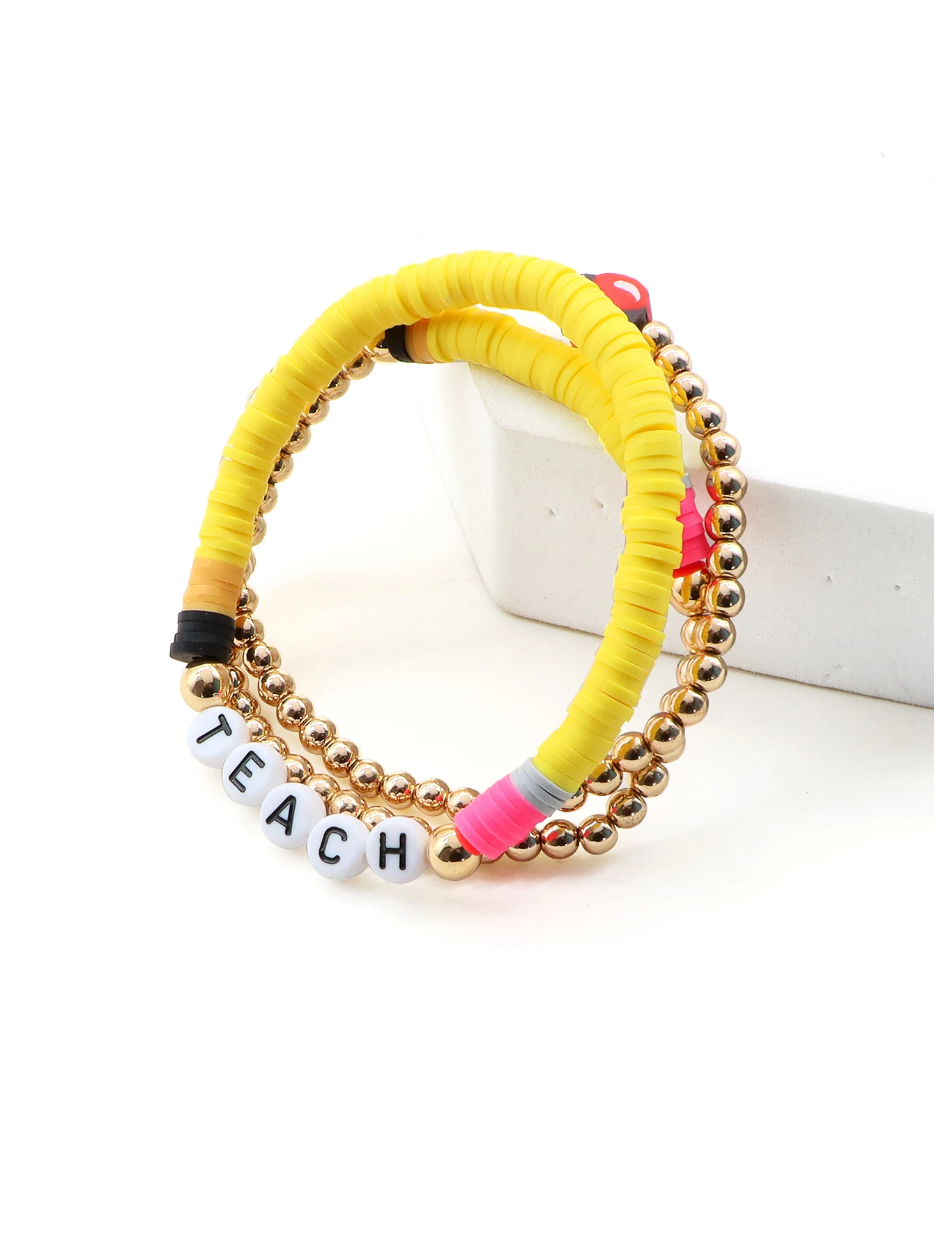 Clay beads pencil design TEACH latter stretch teacher gift bracelet set