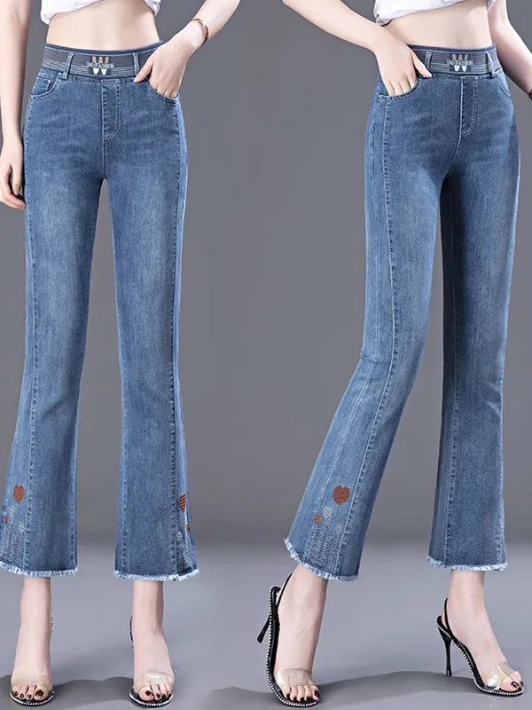 High Waist Mom Jeans Women's Spring Autumn New Style Elastic Waist Micro Flared Loose Fit Blue Denim Ladies Premium Fashion