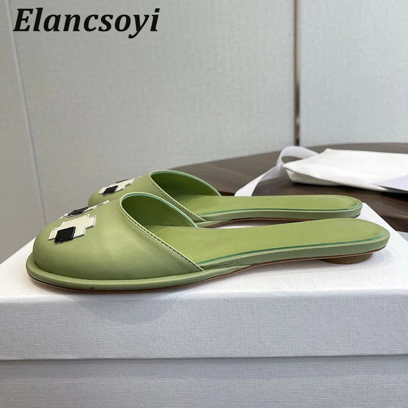 Flat slippers Women's Cartoon Robot Lazy Mules Shoes Genuine Leather Baotou Half Slippers Summer Outdoor Vacation Casual Shoes