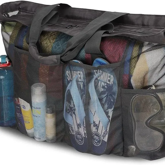 Extra Large Mesh Beach Bag Family Beach Tote with Pockets Lightweight Sand Filtering Pool Bag for Travel Swimming Vacation