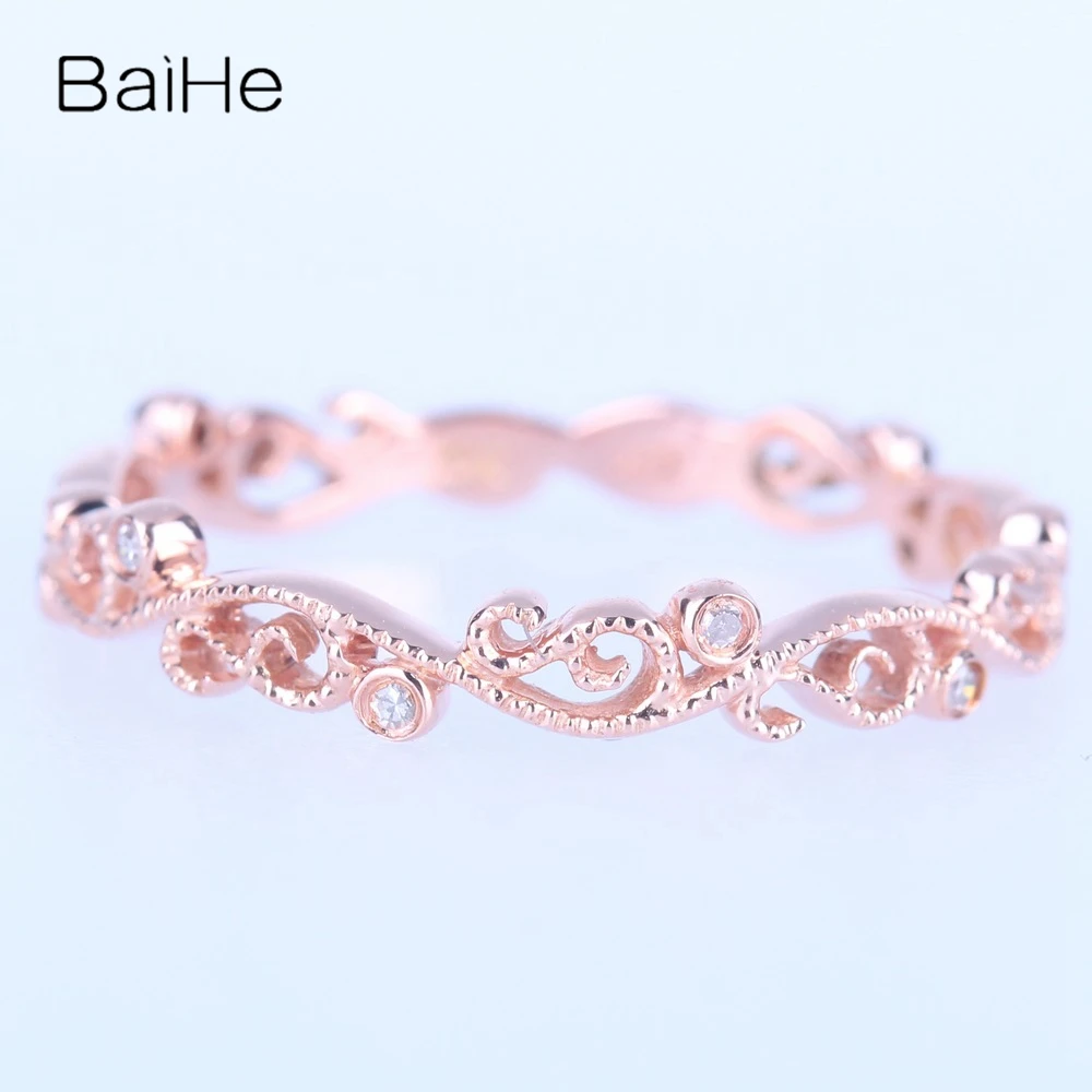 BAIHE Solid 14K Rose Gold 0.04CT H/SI Round Natural Diamond Ring Women Men Engagement Trendy Fine Jewelry Making Anillo