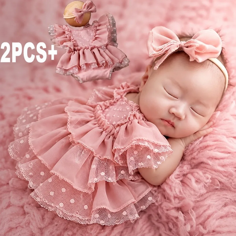 New Lace Details Newborn Romper Chiffon Material Bow Hairband Chiffon Romper Dusty Pink Photography Outfits Newborn Photography