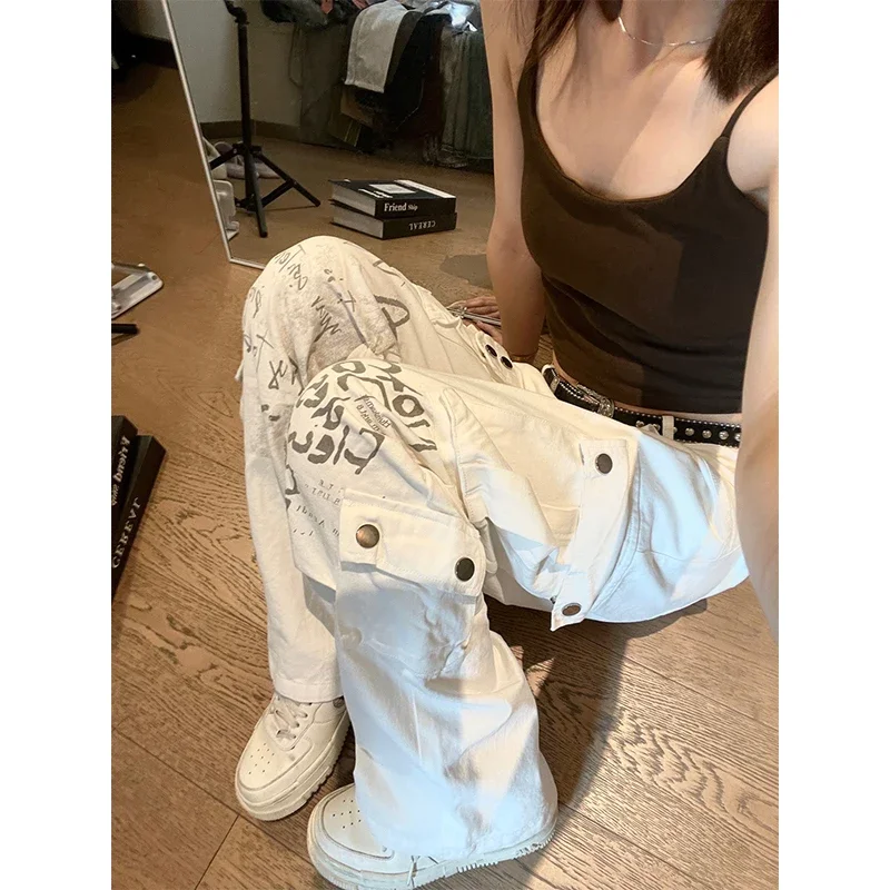 

MEXZT Y2K 2000S Cargo Jeans Women Harajuku Vintage Print Wide Leg Denim Pants Streetwear Hip Hop White Baggy Straight Trousers