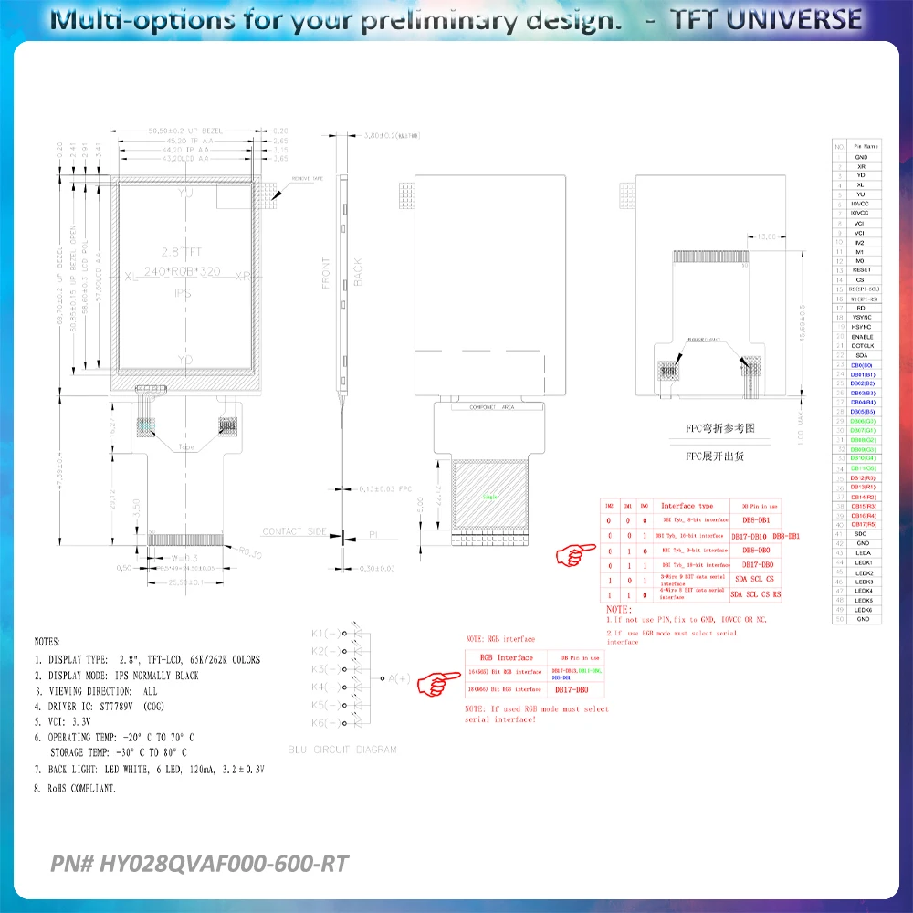 240x320 2.8inch resistive touch LCD screen MCU/SPI/RGB interface IPS viewing angle display Brightness 650nits ST7789 controller