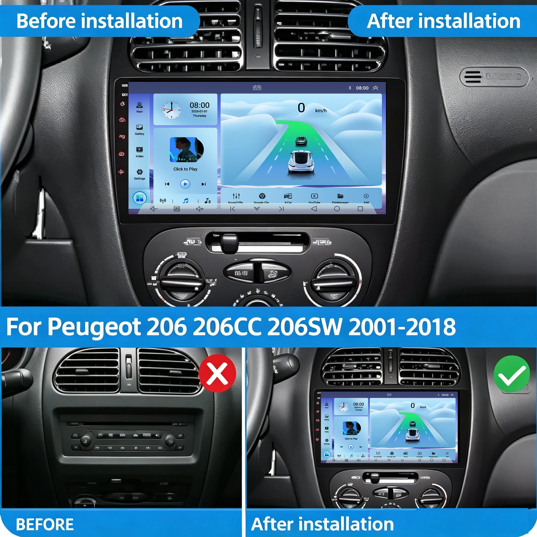 Cortex-A76 Octa-Core Android 16 Car Radio For Peugeot 206 206CC 206SW 2001 - 2008 Player Navigation No 2din WIFI 4G DSP DVD GPS