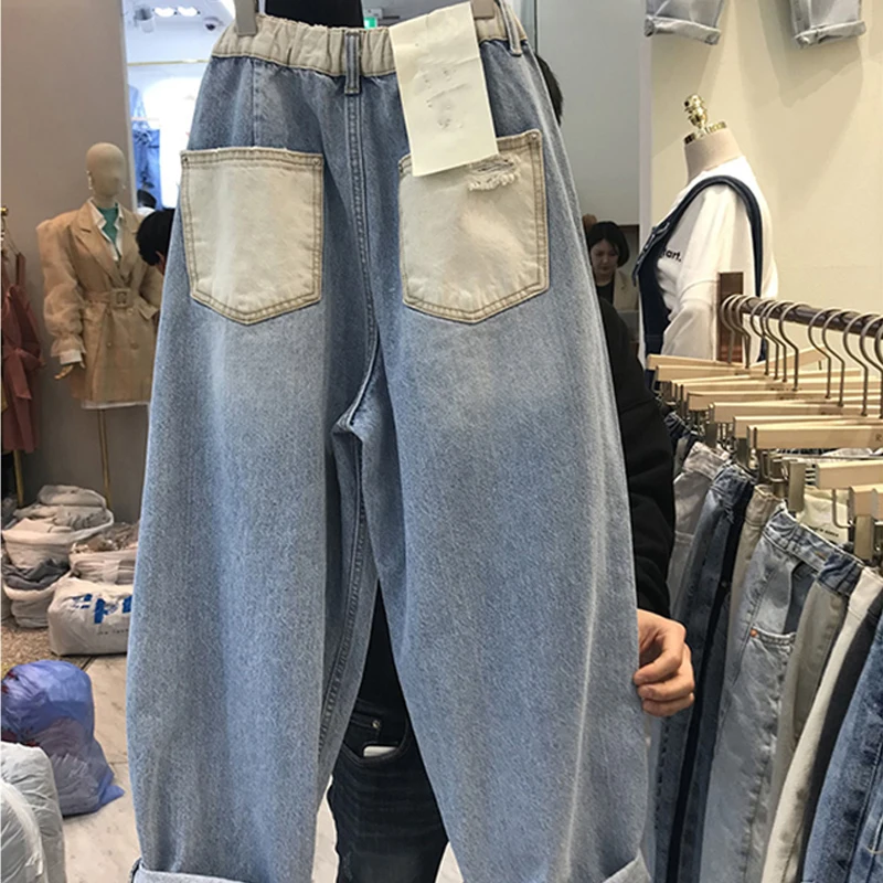 

2023 Korean Splicing High Waist LooseDenim Pants Women Causal Button Design Jeans Trousers Spring Autumn 5XL