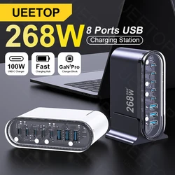 Ueetop 268W GaN Charger 8 Port Desktop Charging Station Transparent Shell USB C Charger PD Fast Charge for MacBook Pro iPhone 15