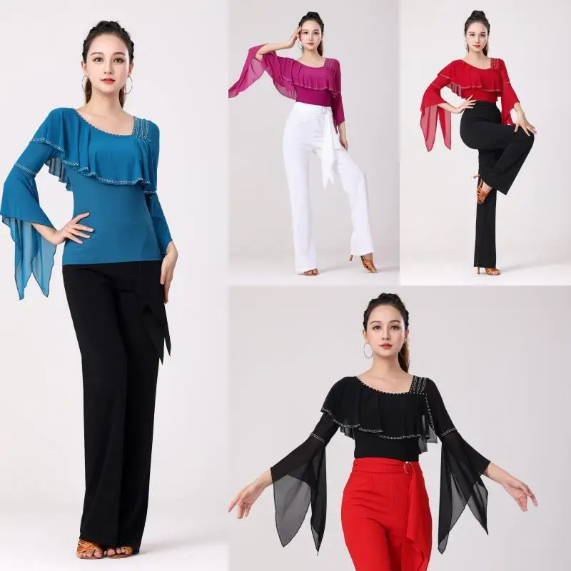 Jiteba New Female Rhinestone Ruffles Sleeve Top Square Dance Latin Dance Practice Performance Dance Clothes