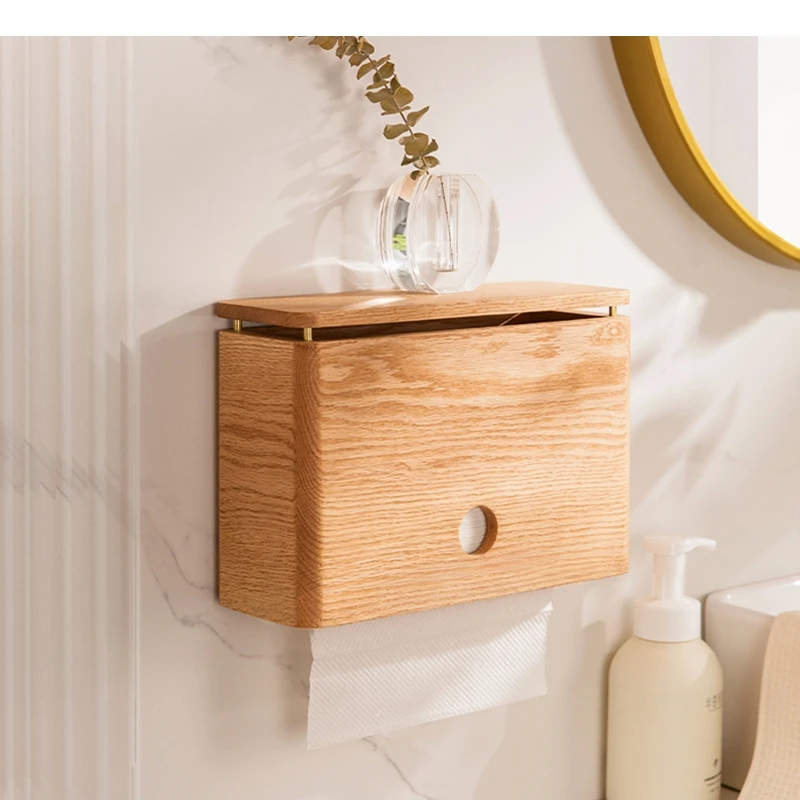 Red Oak Wooden Tissue Holder Wall Mounted Napkin Towel Rack Household Box Bathroom Shelf Toilet Paper Storage