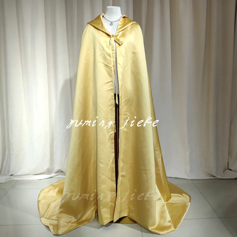 Gold Wedding Cape Long Bridal Cloak Satin Cape with Hooded